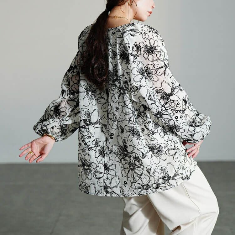 大きいサイズ レディース フロッキー花柄オーガンジーギャザーブラウス