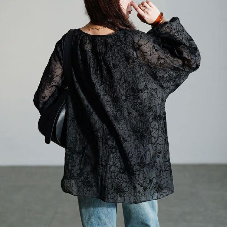 大きいサイズ レディース フロッキー花柄オーガンジーギャザーブラウス