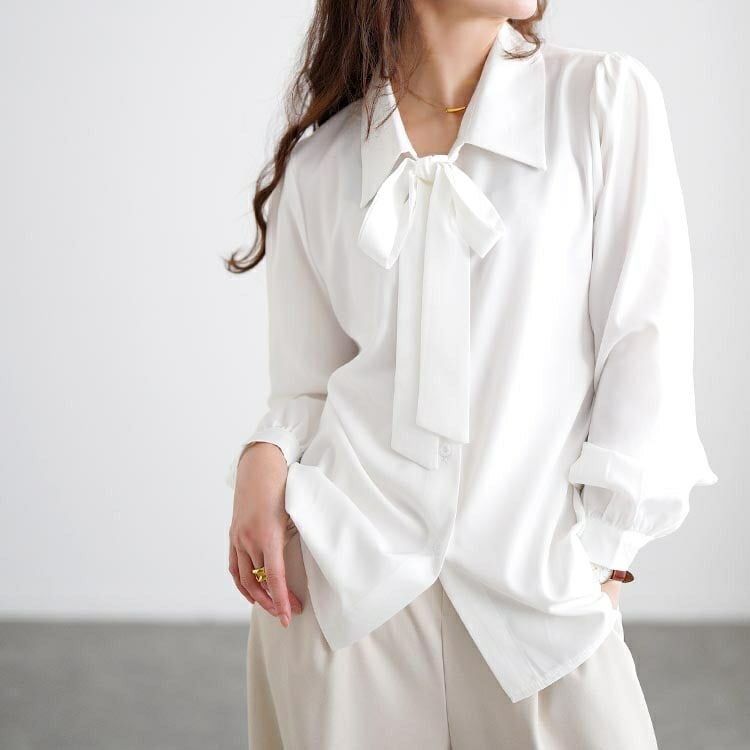 大きいサイズ レディース レギュラーカラーボウタイブラウス