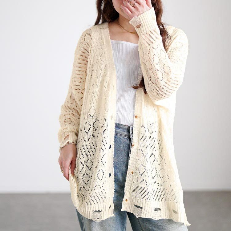 大きいサイズ レディース レース透かし編みカーディガン