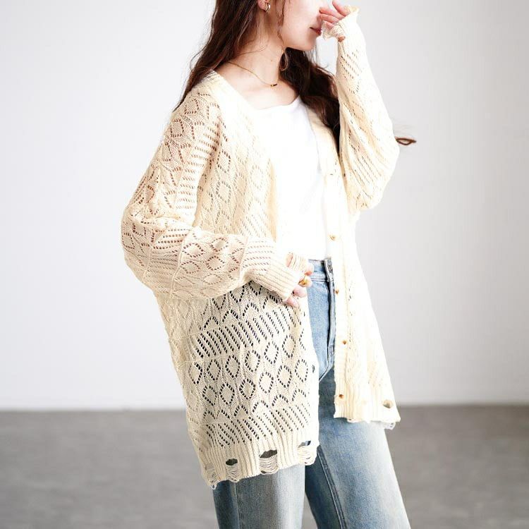 大きいサイズ レディース レース透かし編みカーディガン