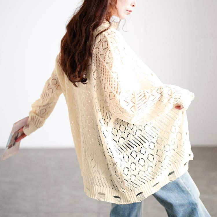 大きいサイズ レディース レース透かし編みカーディガン