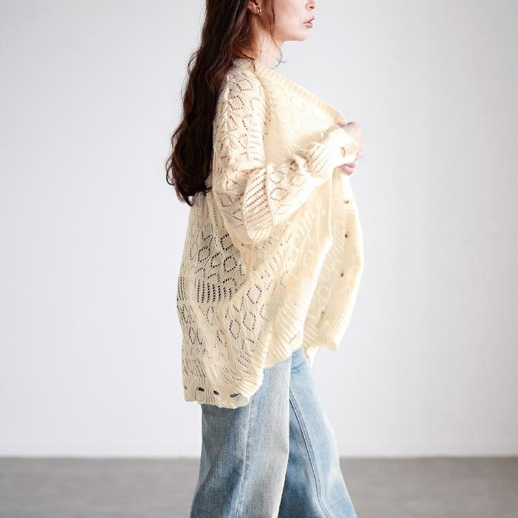 大きいサイズ レディース レース透かし編みカーディガン