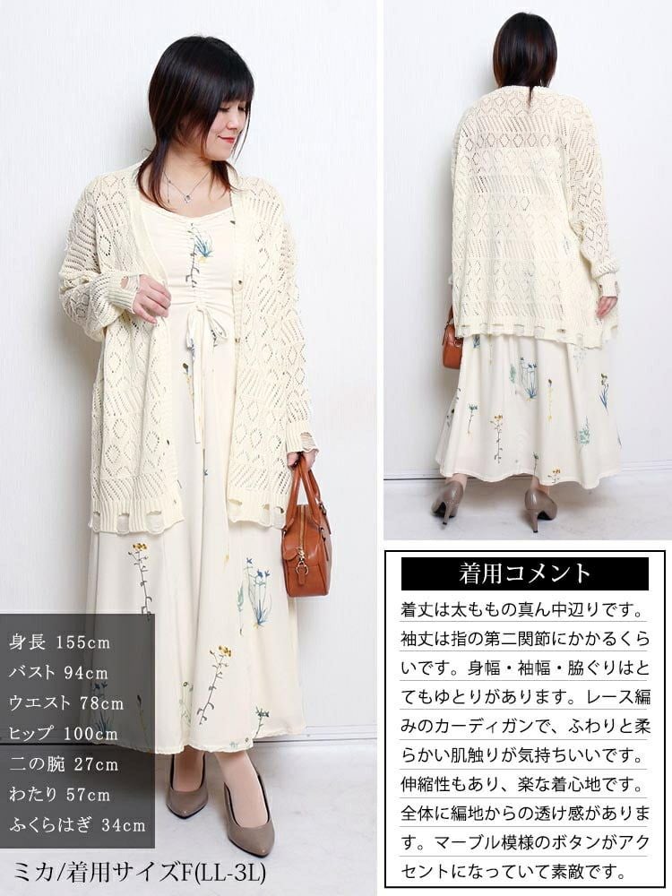 大きいサイズ レディース レース透かし編みカーディガン