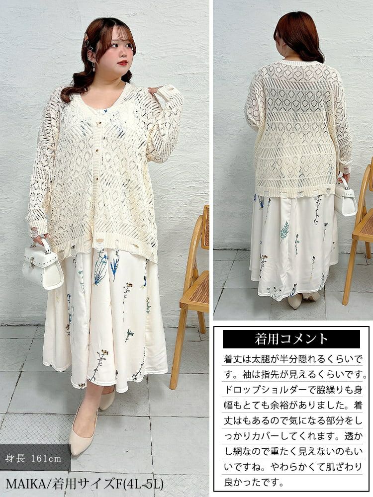 大きいサイズ レディース レース透かし編みカーディガン