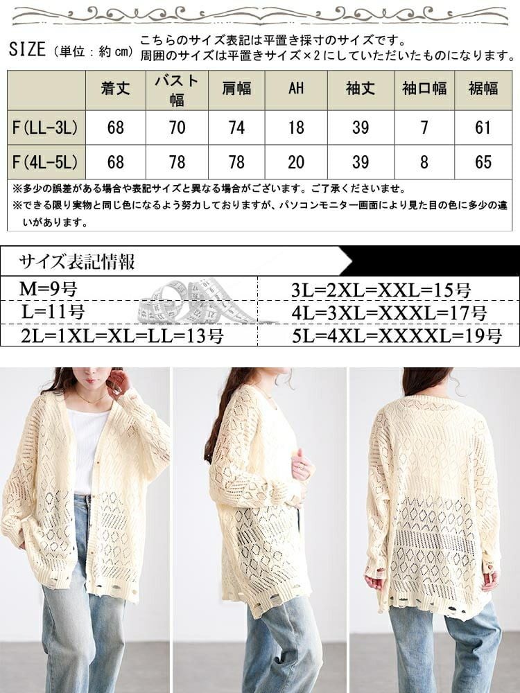大きいサイズ レディース レース透かし編みカーディガン