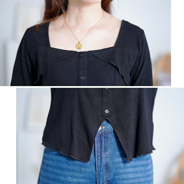 大きいサイズ レディース スクエアネックスリットヘムカットソー