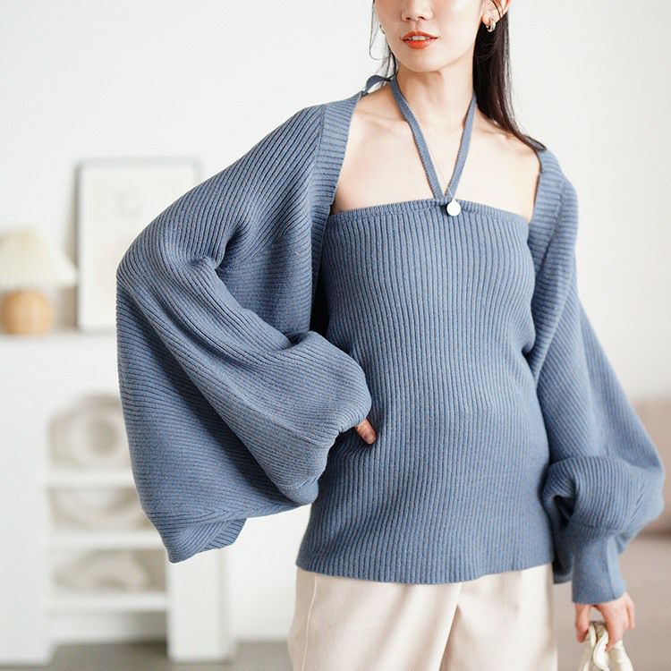 大きいサイズ レディース ホルターネックベアトップ＆ドルマンボレロリブニット2点セット