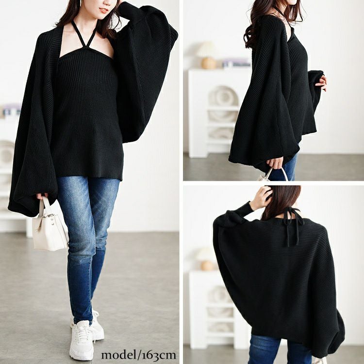 大きいサイズ レディース ホルターネックベアトップ＆ドルマンボレロリブニット2点セット