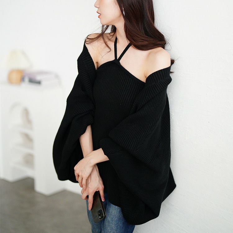 大きいサイズ レディース ホルターネックベアトップ＆ドルマンボレロリブニット2点セット