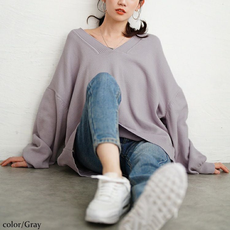 大きいサイズ レディース Vネックドロップショルダーニット