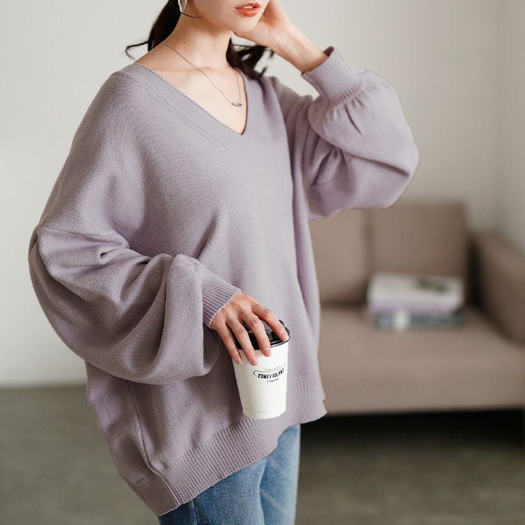 大きいサイズ レディース Vネックドロップショルダーニット