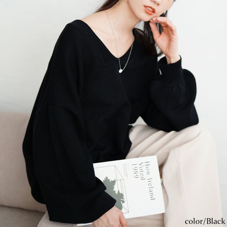 大きいサイズ レディース Vネックドロップショルダーニット ブラック