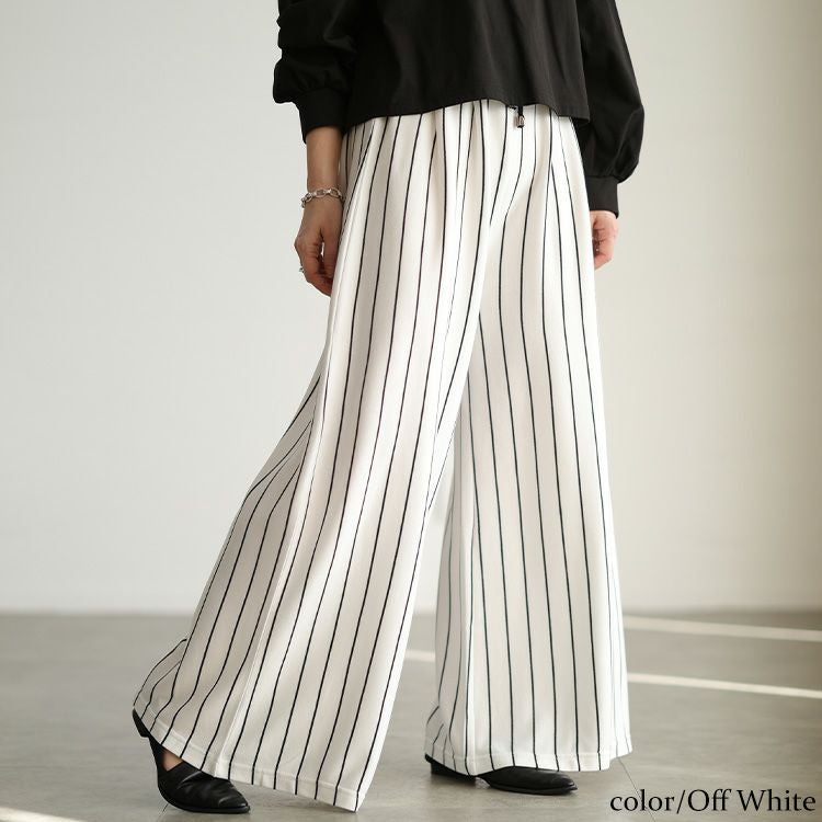大きいサイズ レディース ストライプ柄ウエストタックワイドパンツ
