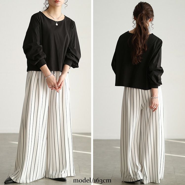 大きいサイズ レディース ストライプ柄ウエストタックワイドパンツ