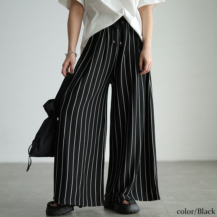 黒い模様入りパンツ ウエストビーズ装飾付き 大きいサイズ レディース ストライプ柄ウエストタックワイドパンツ