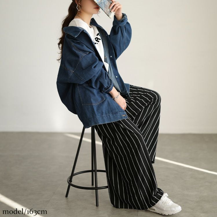 大きいサイズ レディース ストライプ柄ウエストタックワイドパンツ