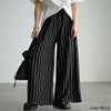 大きいサイズ レディース ストライプ柄ウエストタックワイドパンツ ブラック