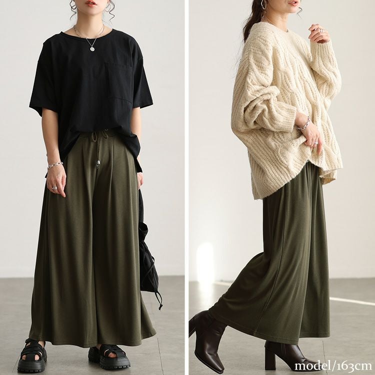 大きいサイズ レディース ウエストタックワイドフレアパンツ