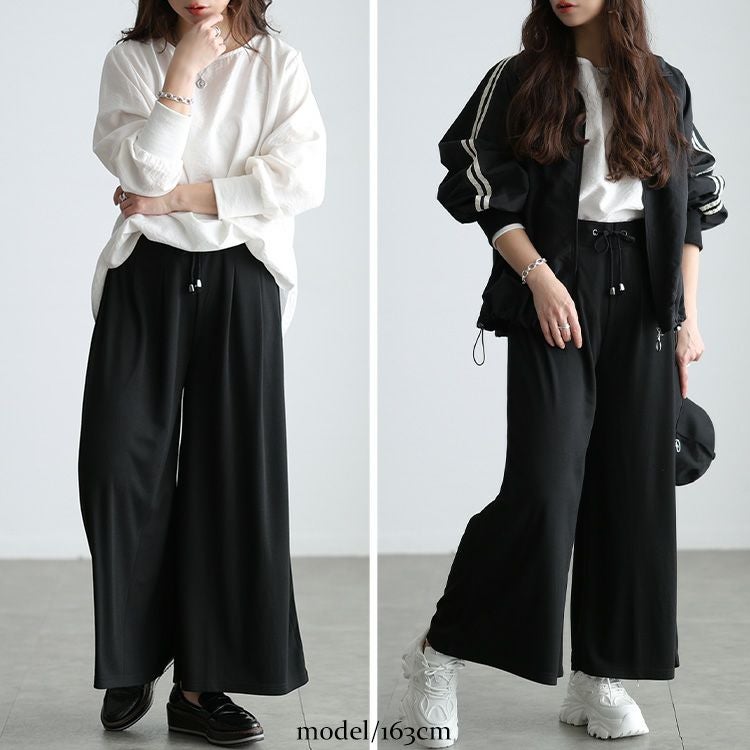 大きいサイズ レディース ウエストタックワイドフレアパンツ