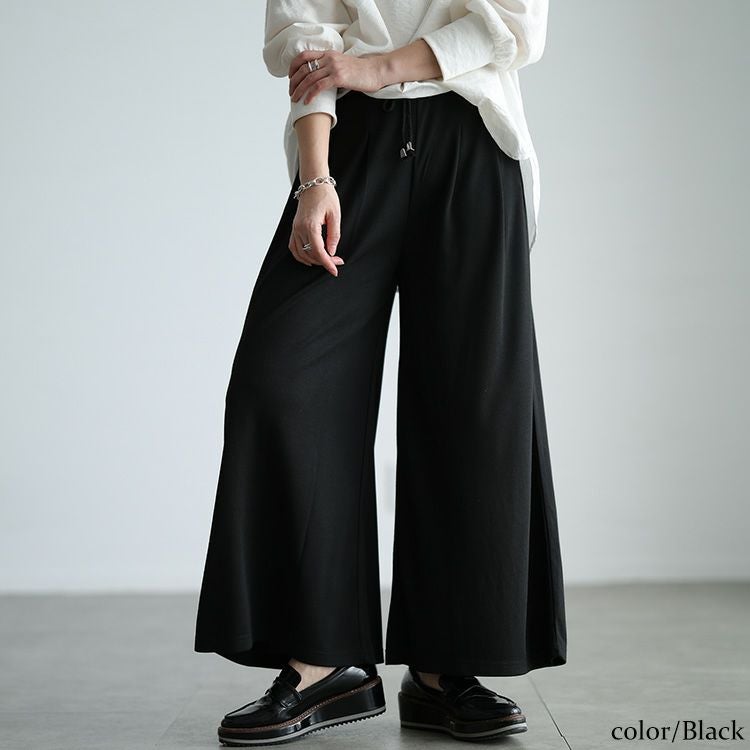 大きいサイズ レディース ウエストタックワイドフレアパンツ ブラック