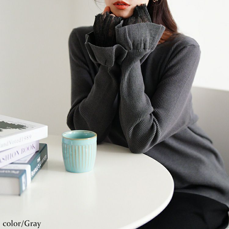 大きいサイズ レディース ラメレイヤード袖ハートネックリブニット