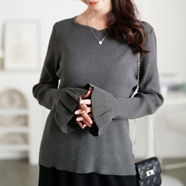 大きいサイズ レディース ラメレイヤード袖ハートネックリブニット