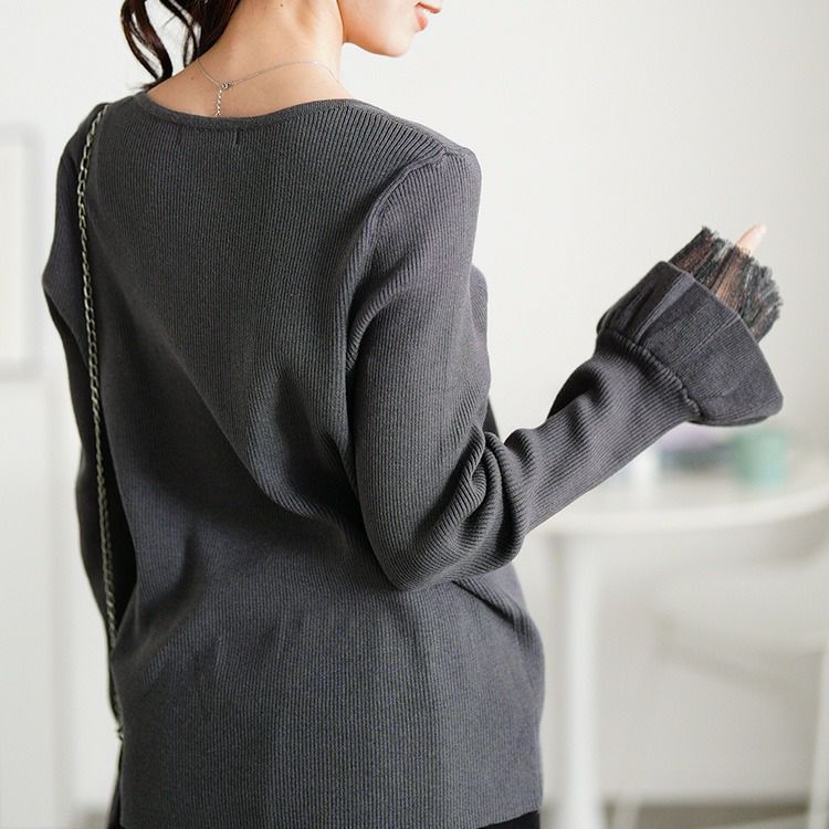 大きいサイズ レディース ラメレイヤード袖ハートネックリブニット