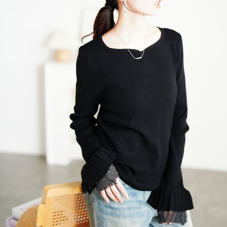 大きいサイズ レディース ラメレイヤード袖ハートネックリブニット