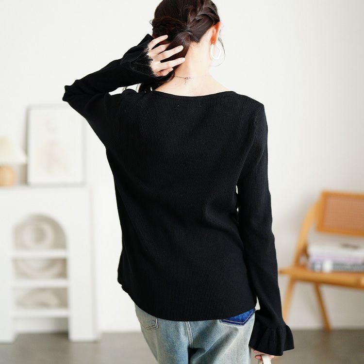 大きいサイズ レディース ラメレイヤード袖ハートネックリブニット