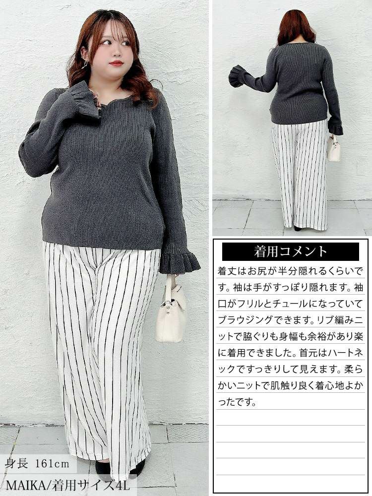 大きいサイズ レディース ラメレイヤード袖ハートネックリブニット