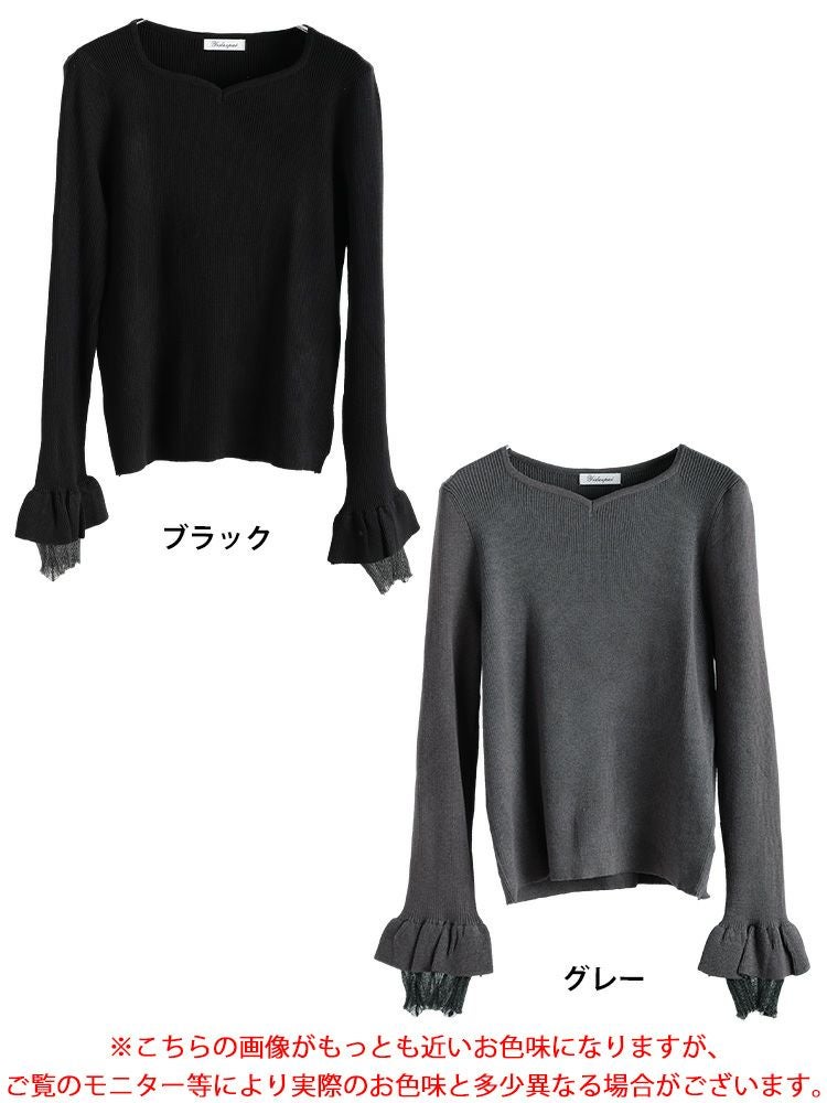 大きいサイズ レディース ラメレイヤード袖ハートネックリブニット