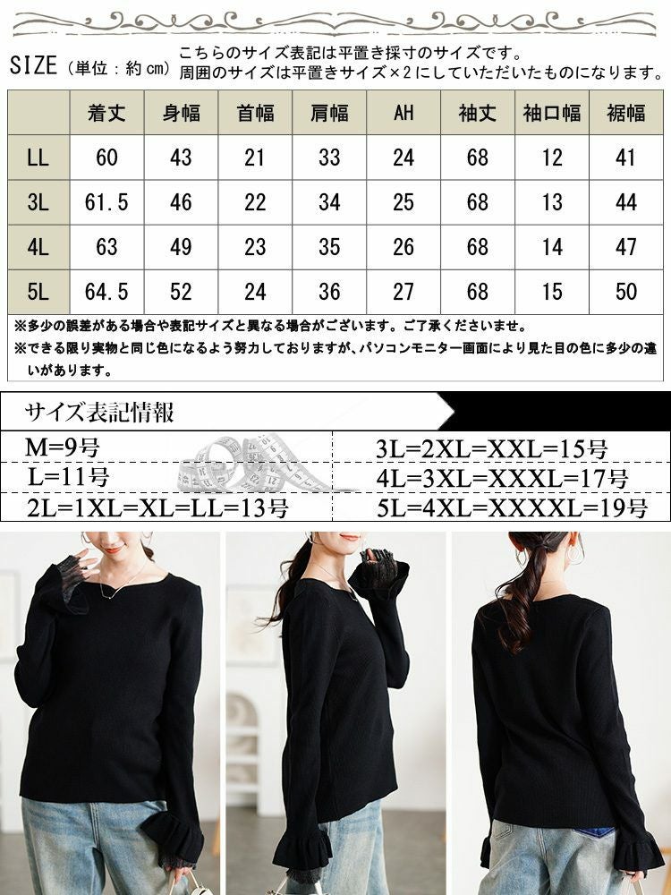 大きいサイズ レディース ラメレイヤード袖ハートネックリブニット