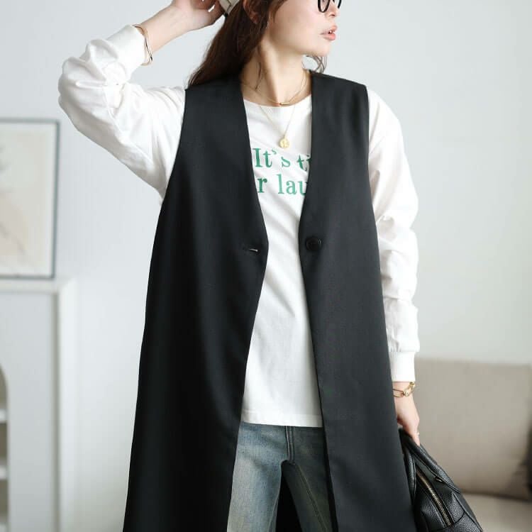 大きいサイズ レディース 深Vネックロングジレ