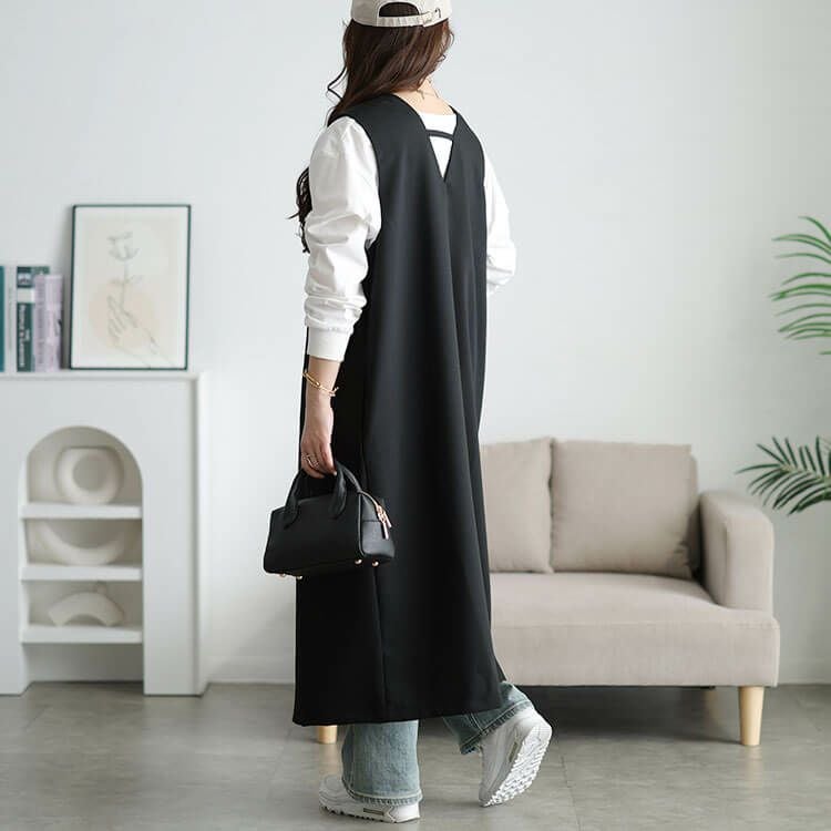 大きいサイズ レディース 深Vネックロングジレ