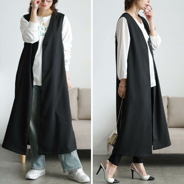 大きいサイズ レディース 深Vネックロングジレ