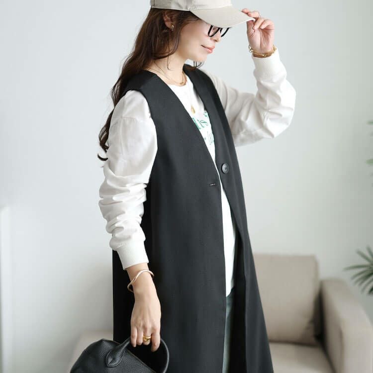 大きいサイズ レディース 深Vネックロングジレ