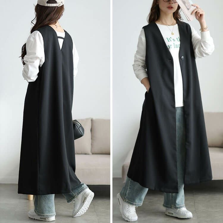 大きいサイズ レディース 深Vネックロングジレ