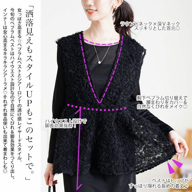 大きいサイズ レディース チュール刺繍ペプラムベスト＆シアーラメロンT2点セット