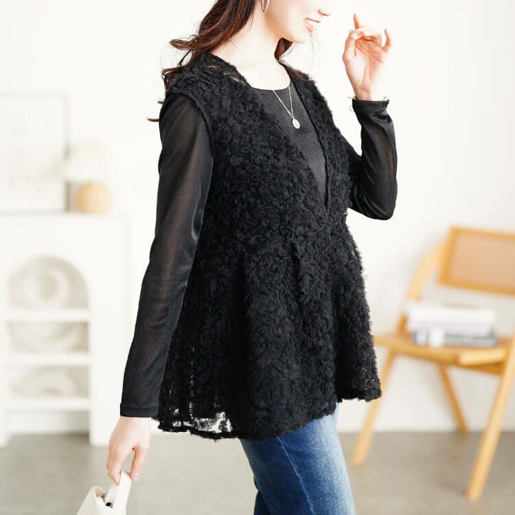 大きいサイズ レディース チュール刺繍ペプラムベスト＆シアーラメロンT2点セット