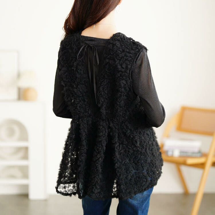 大きいサイズ レディース チュール刺繍ペプラムベスト＆シアーラメロンT2点セット