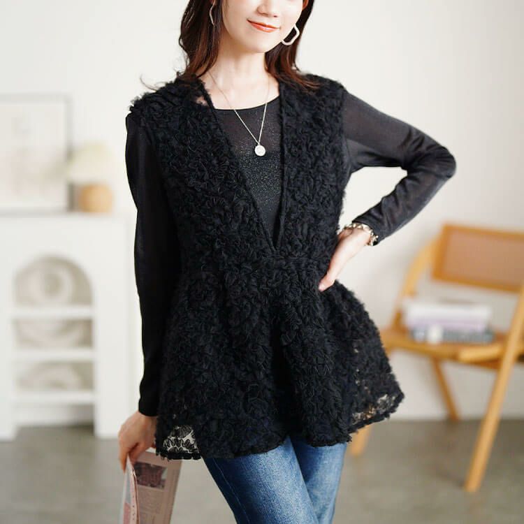 大きいサイズ レディース チュール刺繍ペプラムベスト＆シアーラメロンT2点セット