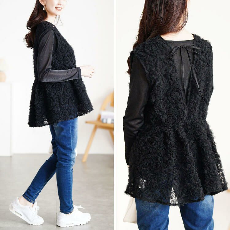 大きいサイズ レディース チュール刺繍ペプラムベスト＆シアーラメロンT2点セット