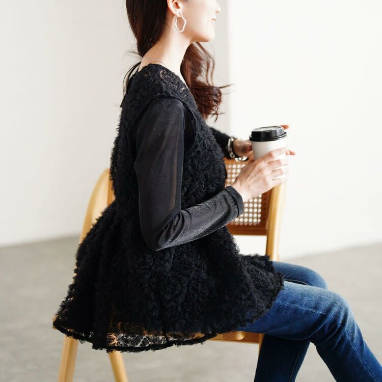 大きいサイズ レディース チュール刺繍ペプラムベスト＆シアーラメロンT2点セット