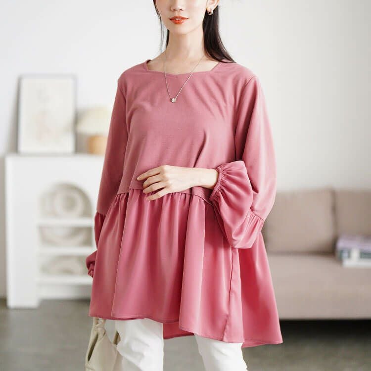 大きいサイズ レディース ヴィラーゴスリーブ異素材チュニック ピンク