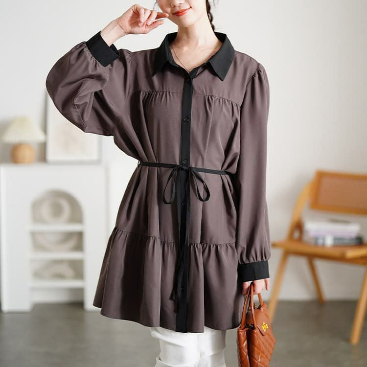 大きいサイズ レディース ベルト付きバイカラーティアードチュニック