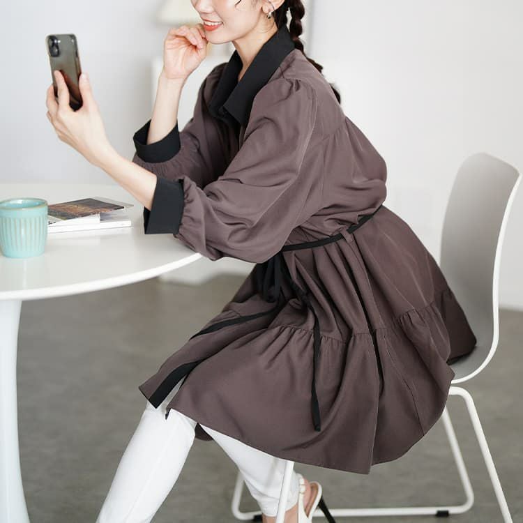 大きいサイズ レディース ベルト付きバイカラーティアードチュニック