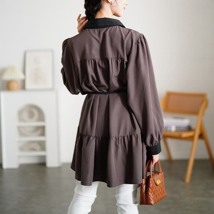 大きいサイズ レディース ベルト付きバイカラーティアードチュニック