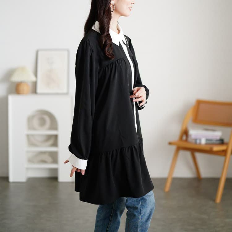 大きいサイズ レディース ベルト付きバイカラーティアードチュニック