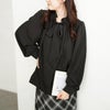大きいサイズ レディース リボンタイフリルカラーブラウス ブラック